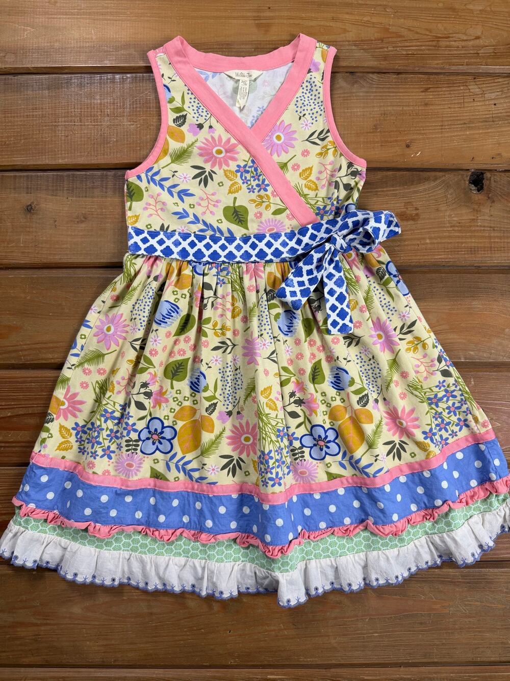 Matilda Jane Girls Size 10 Floral Wrap Style Dress Blue Polka Dot Bow Twirl